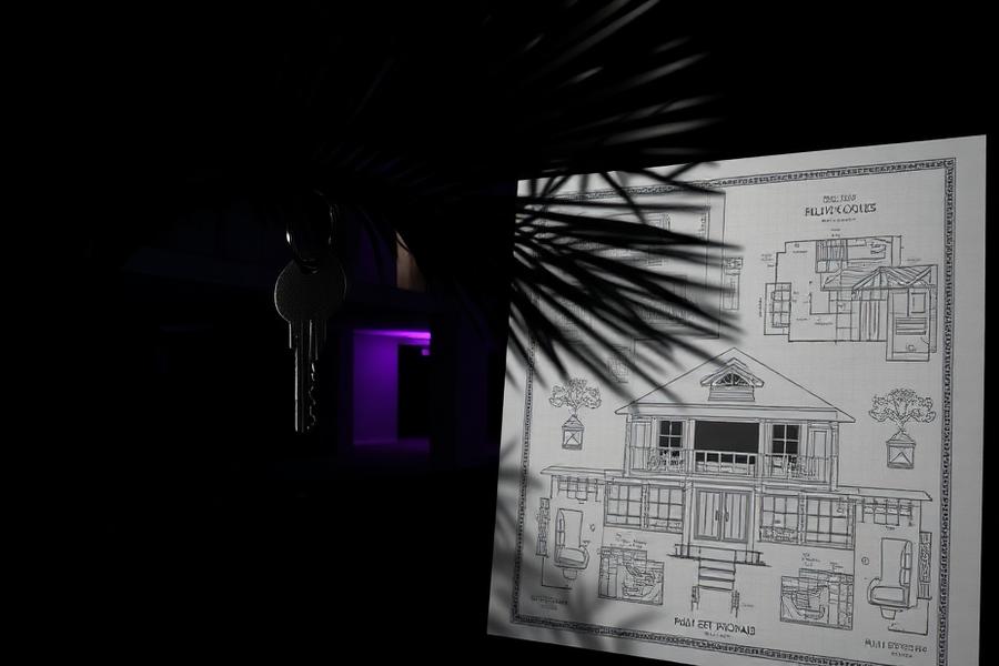 Chave de imóvel ao lado de planta arquitetônica de casa em estilo Miami